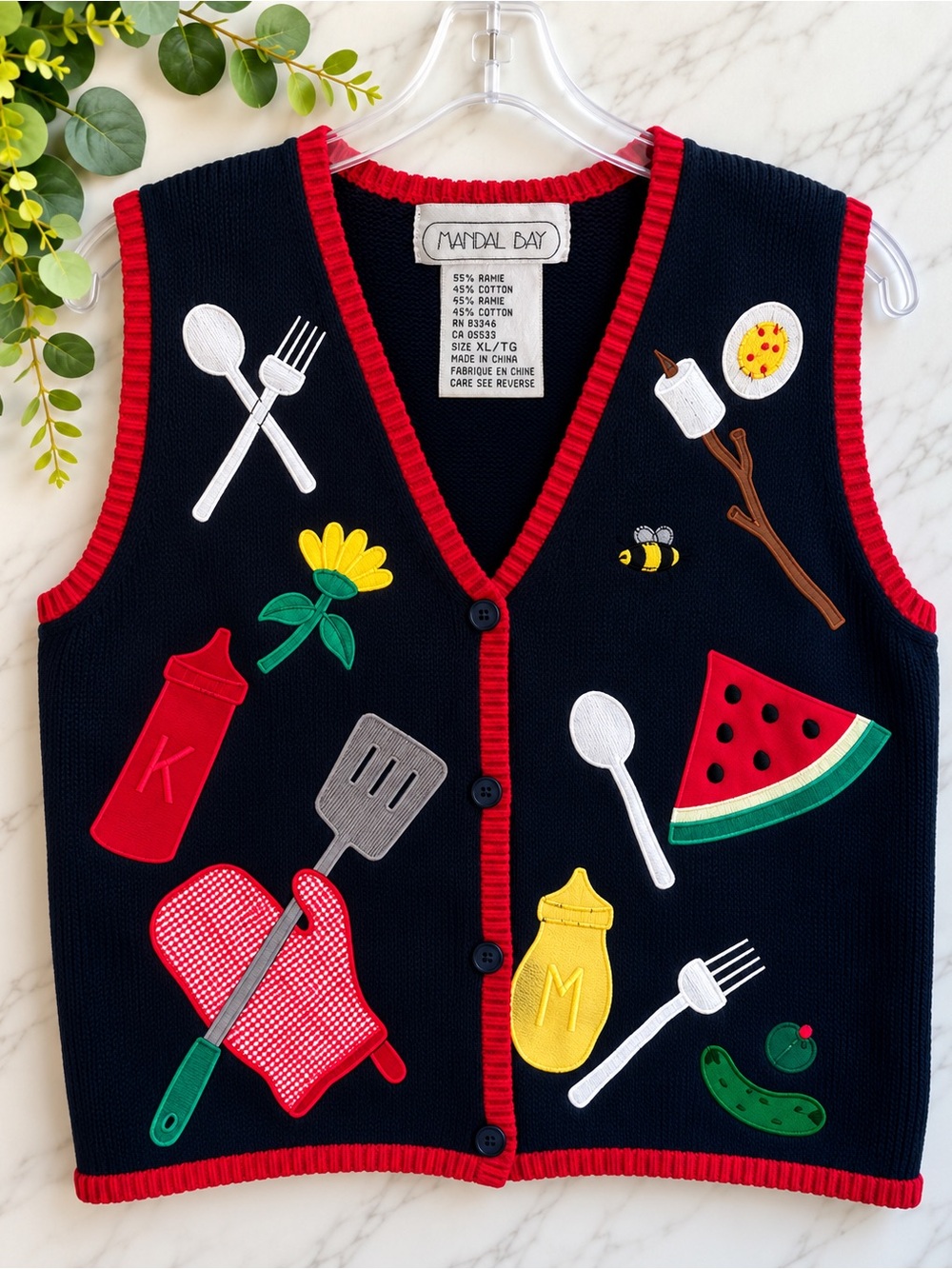 Mandal Bay XL Novelty Embroidered Picnic BBQ Sweater Vest Ramie Cotton